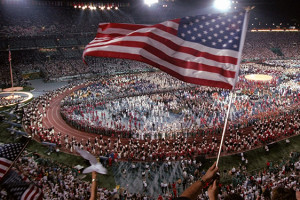 19 Jul 1996:  An AMerican flag is waved during the Opening Ceremony of the 1996 Centennial Olympic G